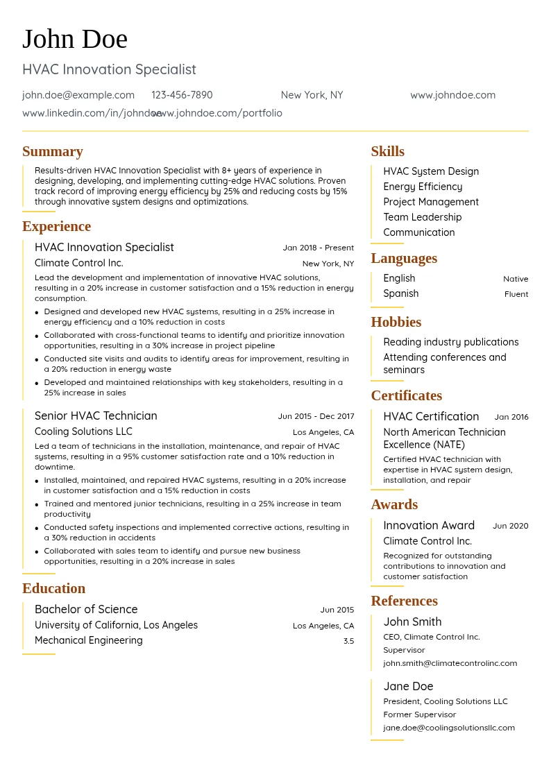  HVAC Innovation Specialist resume example