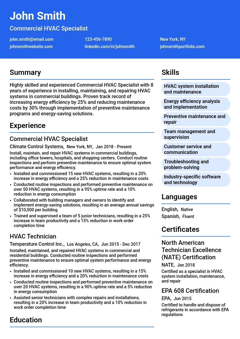 Commercial HVAC Specialist resume example