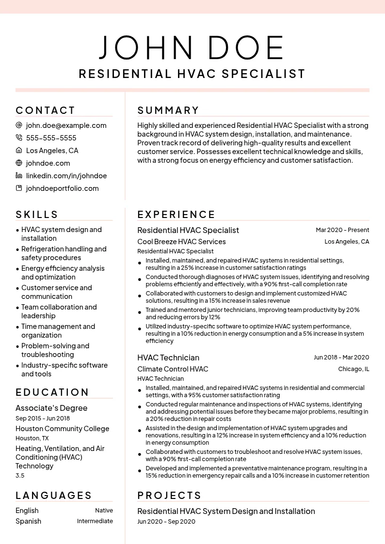 Residential HVAC Specialist resume example