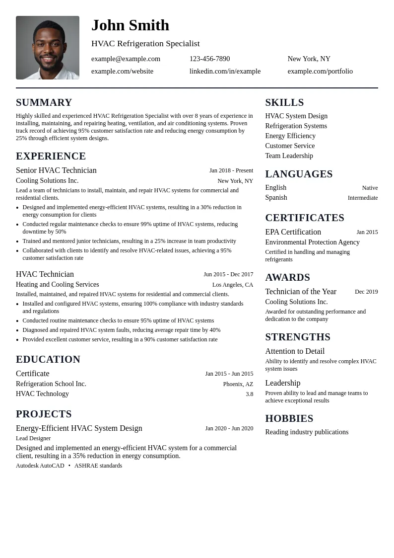 HVAC Refrigeration Specialist resume example