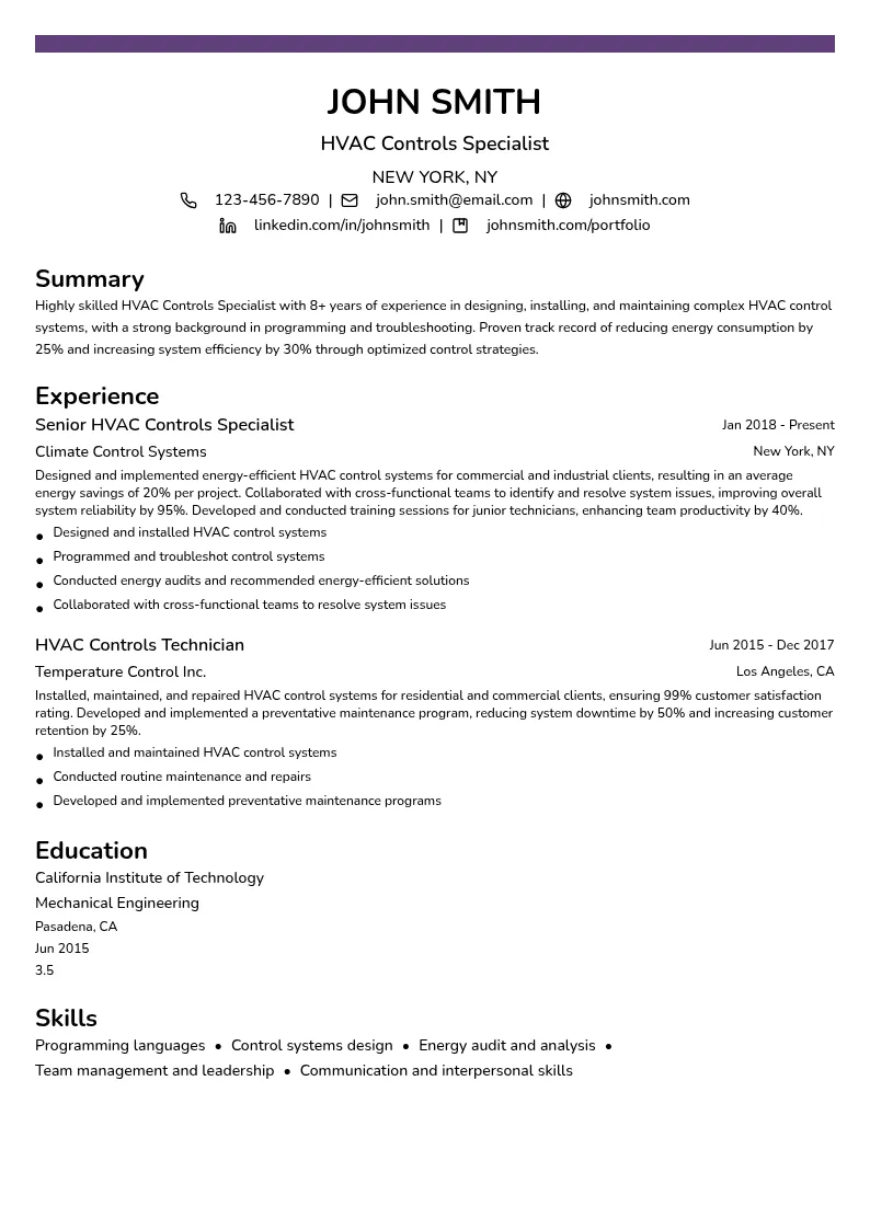 HVAC Controls Specialist resume example