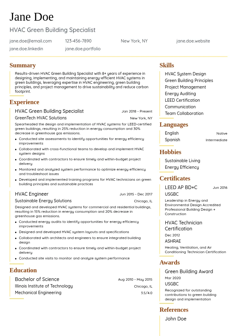 HVAC Green Building Specialist resume example