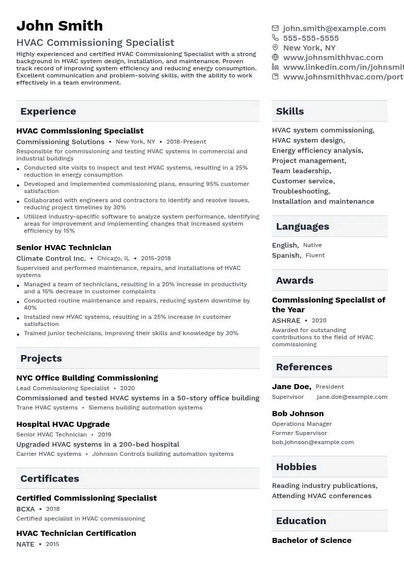 HVAC Commissioning Specialist resume example
