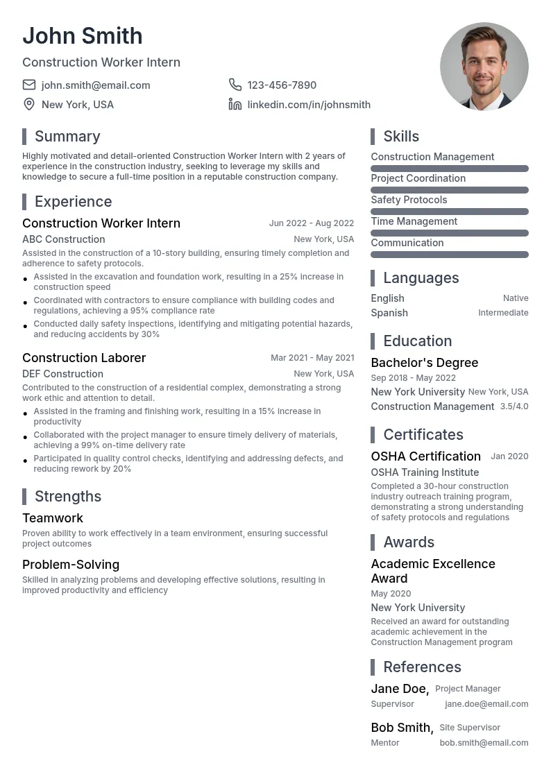 Construction Worker Intern resume example