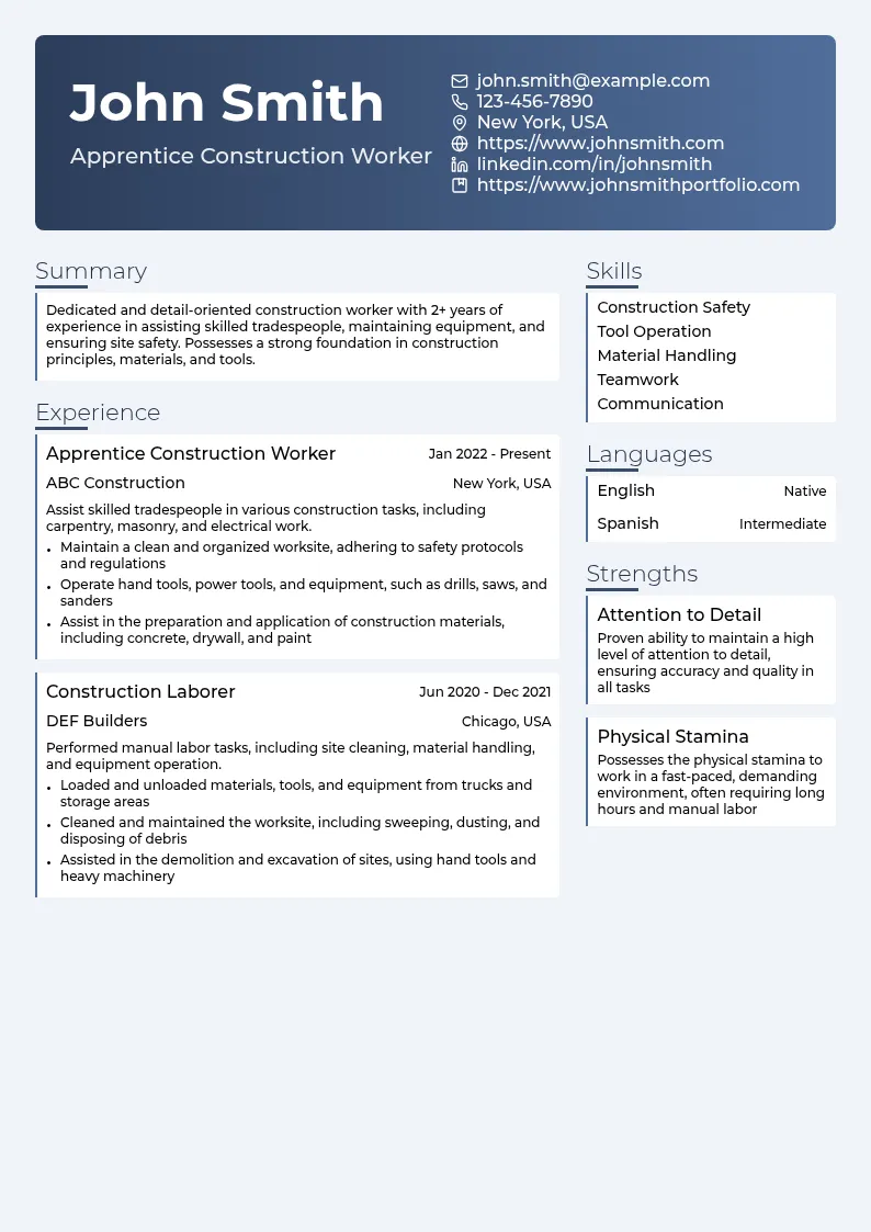Apprentice Construction Worker resume example