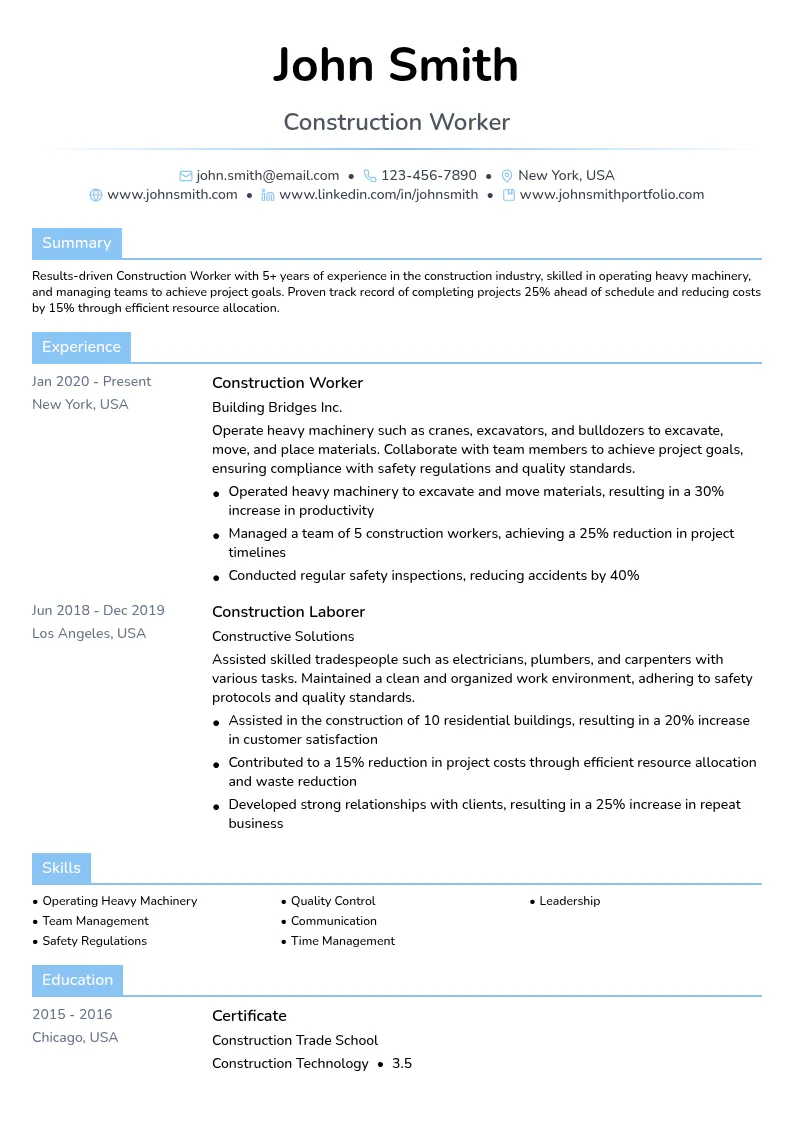 Construction Worker resume example