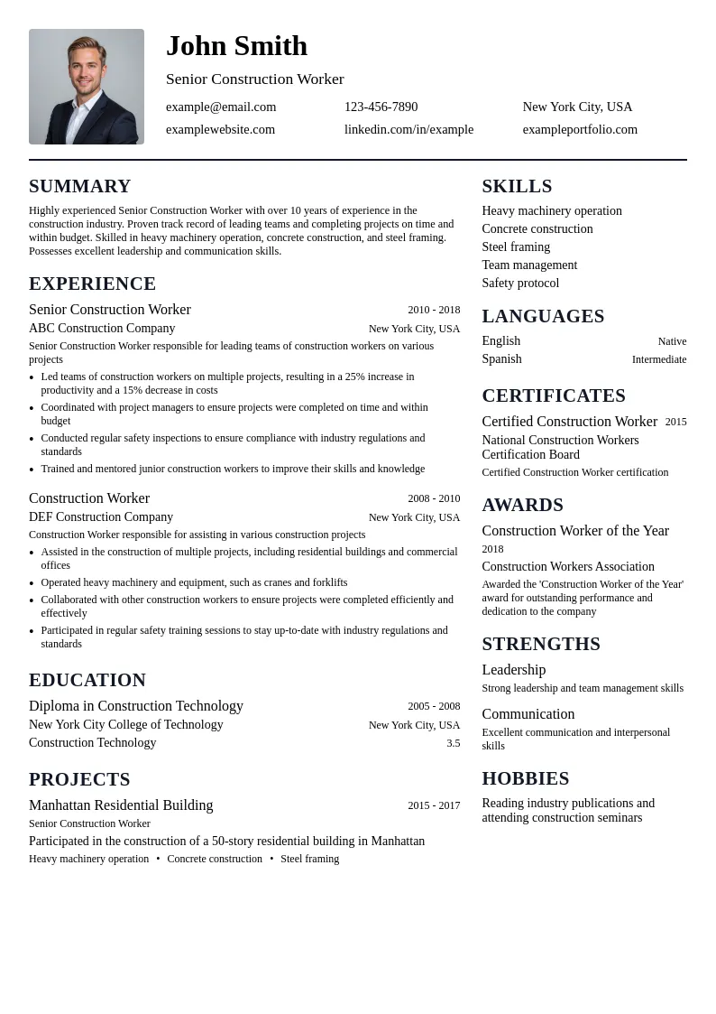 Senior Construction Worker resume example