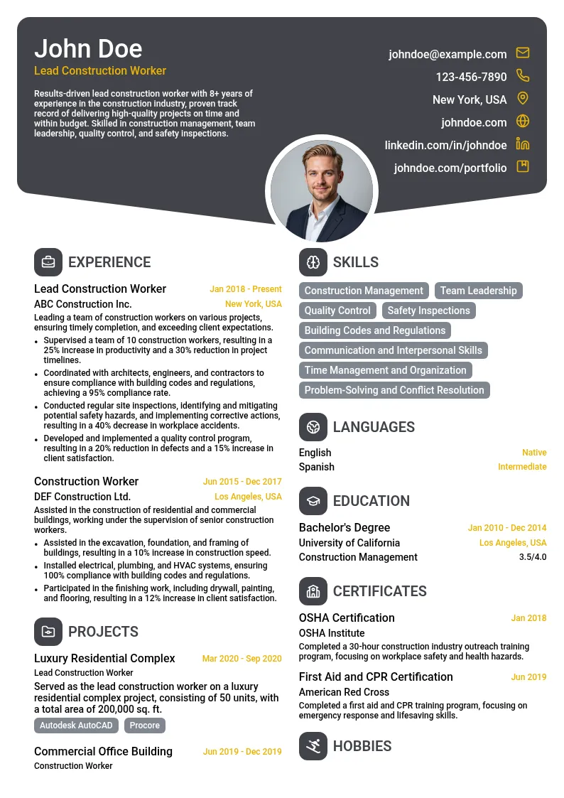 Lead Construction Worker resume example