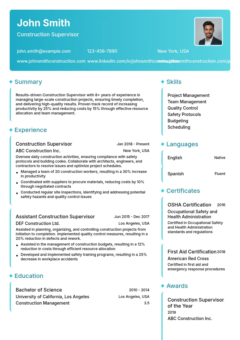 Construction Supervisor resume example