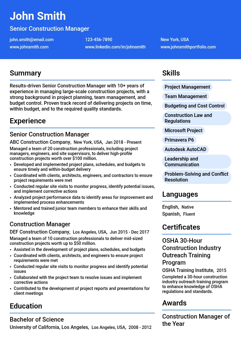 Senior Construction Manager resume example