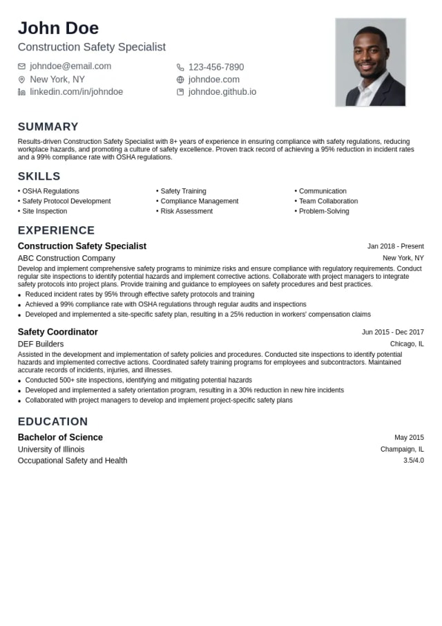 Construction Safety Specialist resume example