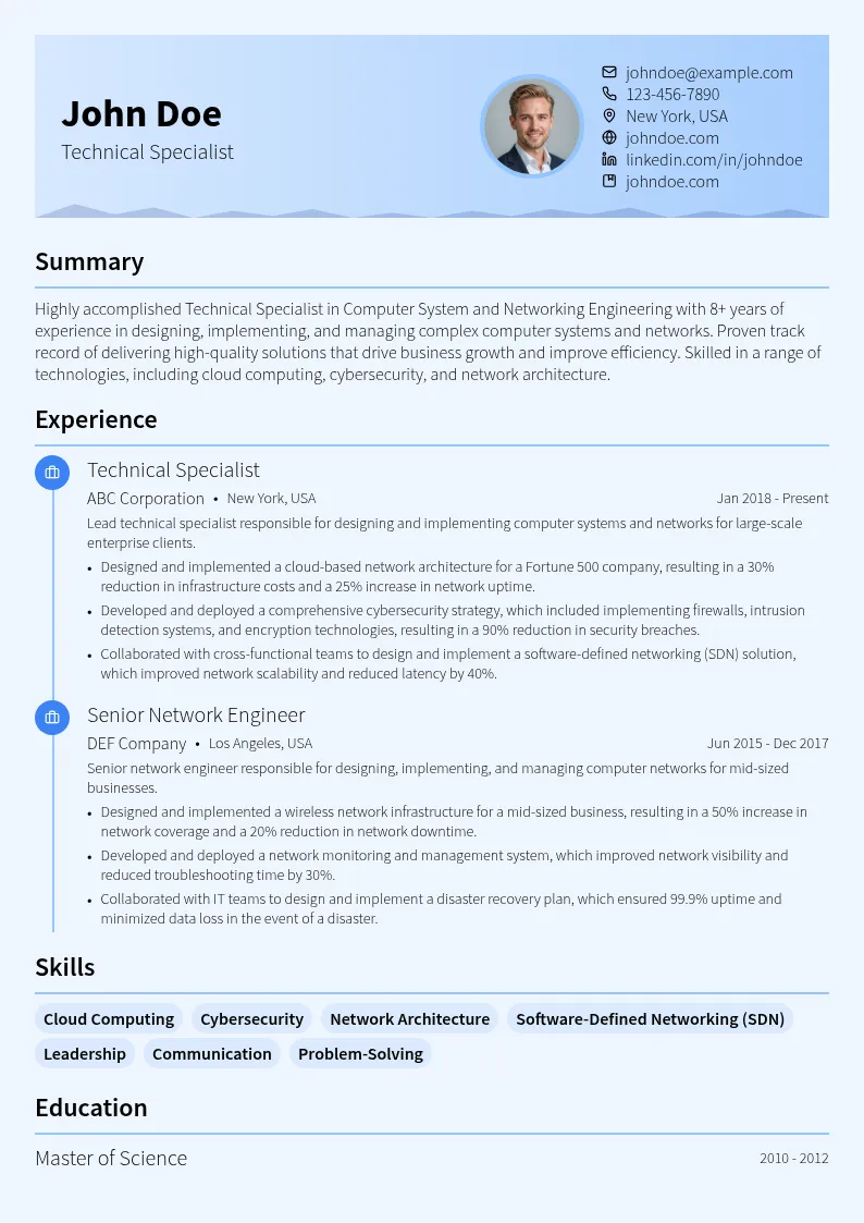 Technical Specialist in Computer System and Networking Engineering resume example