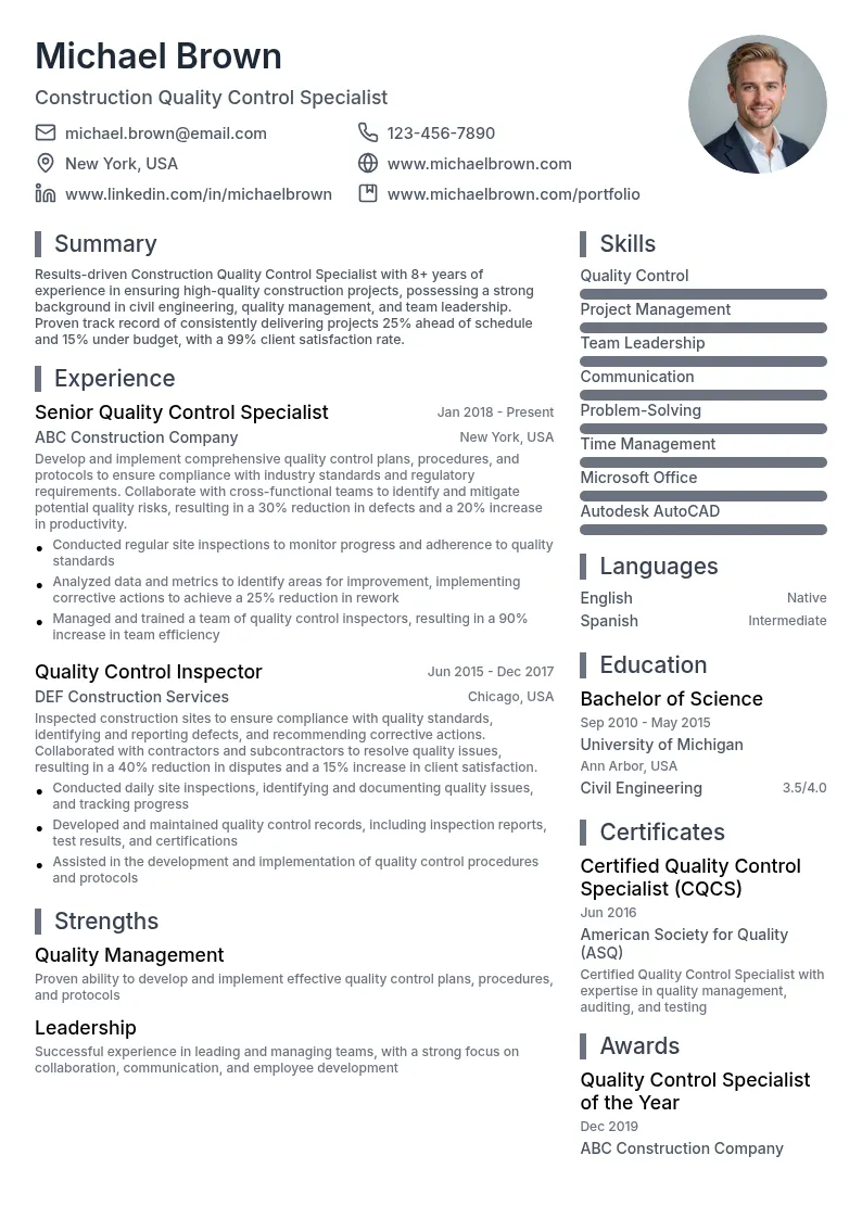 Construction Quality Control Specialist resume example