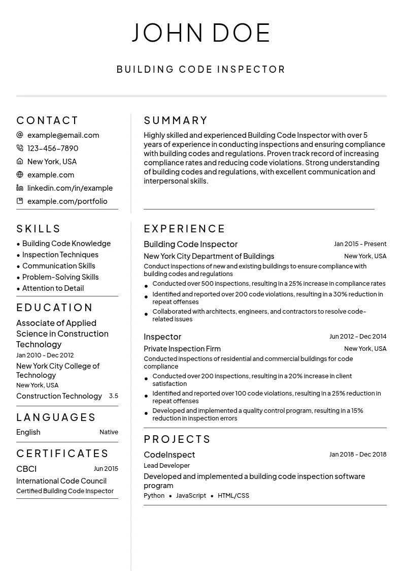Building Code Inspector resume example