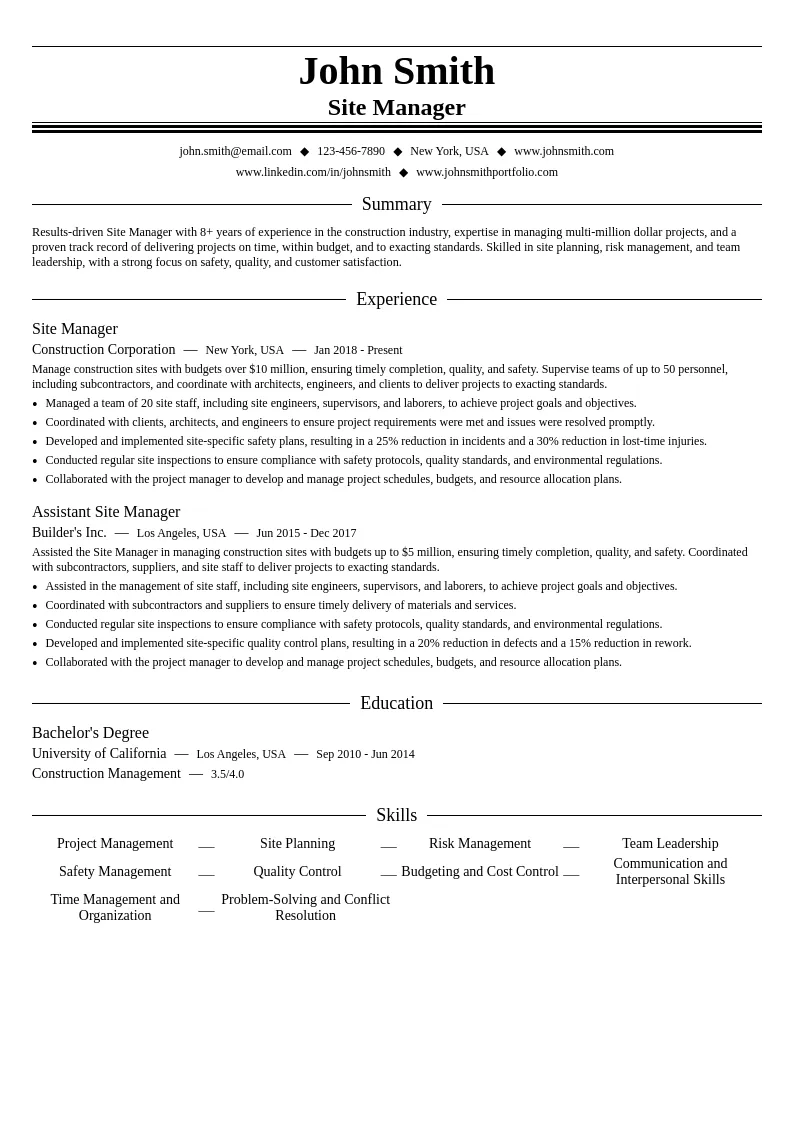 Site Manager resume example