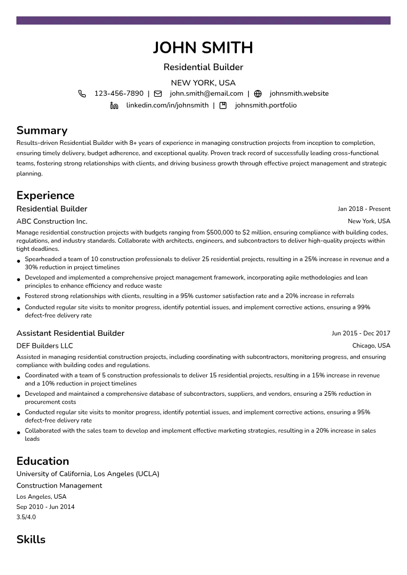 Residential Builder resume example
