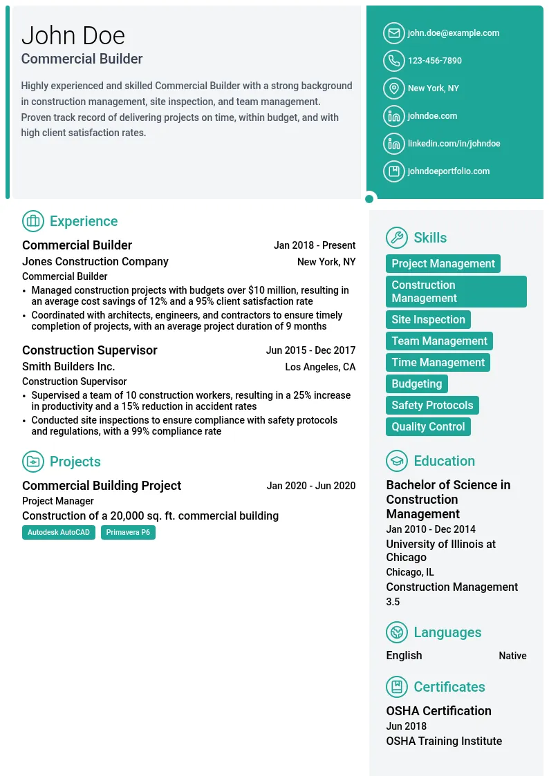 Commercial Builder resume example