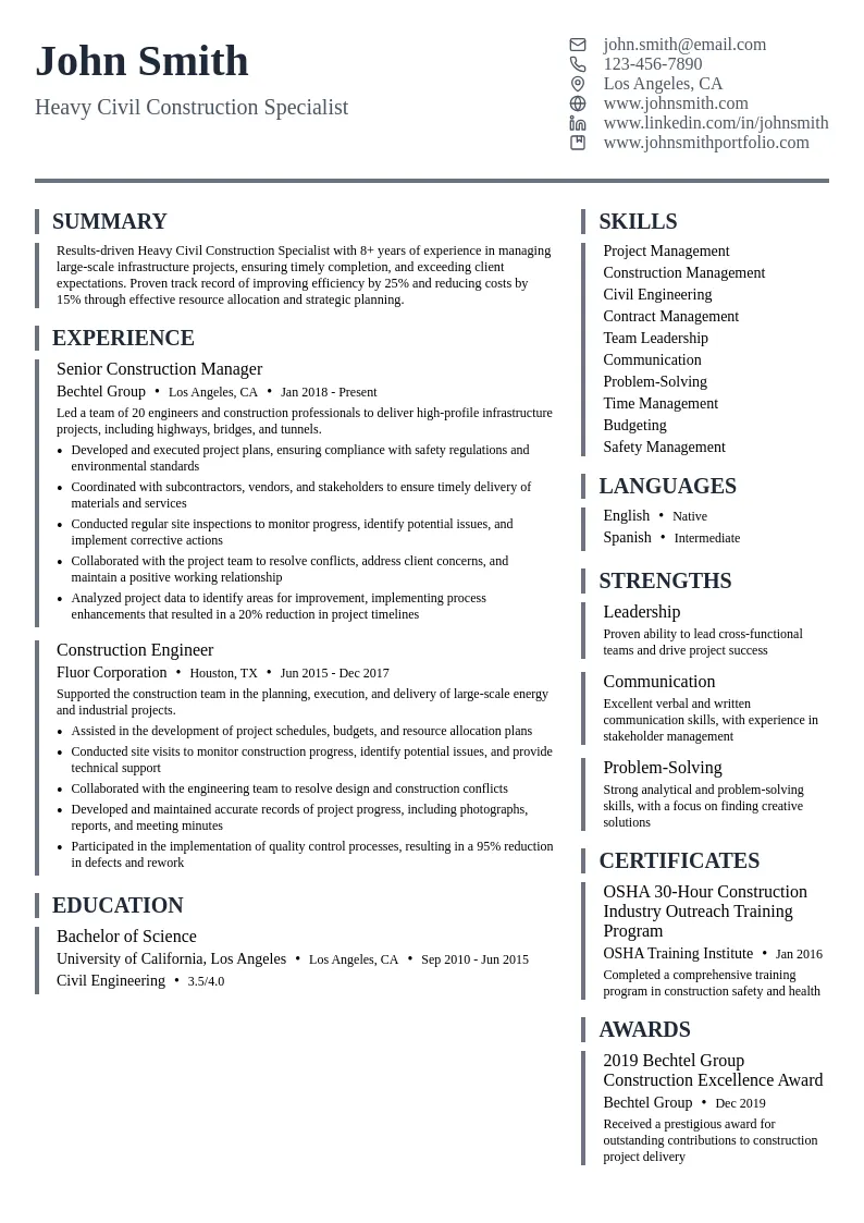 Heavy Civil Construction Specialist resume example