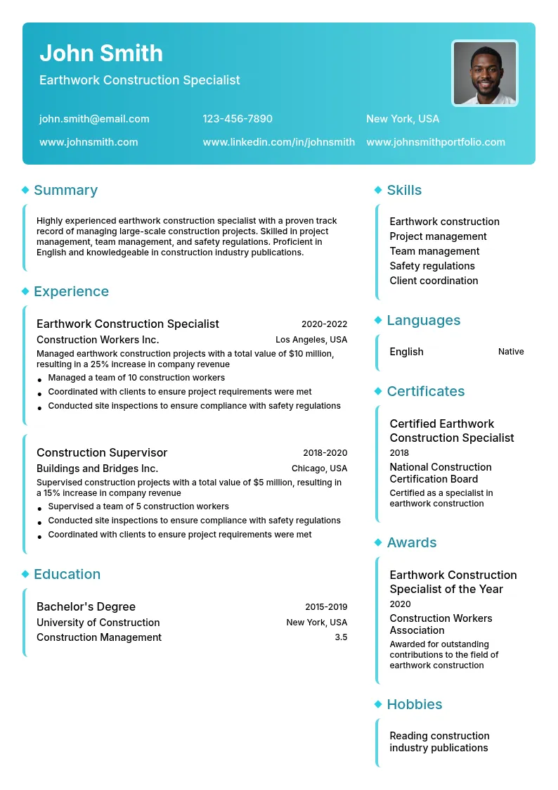 Earthwork Construction Specialist resume example