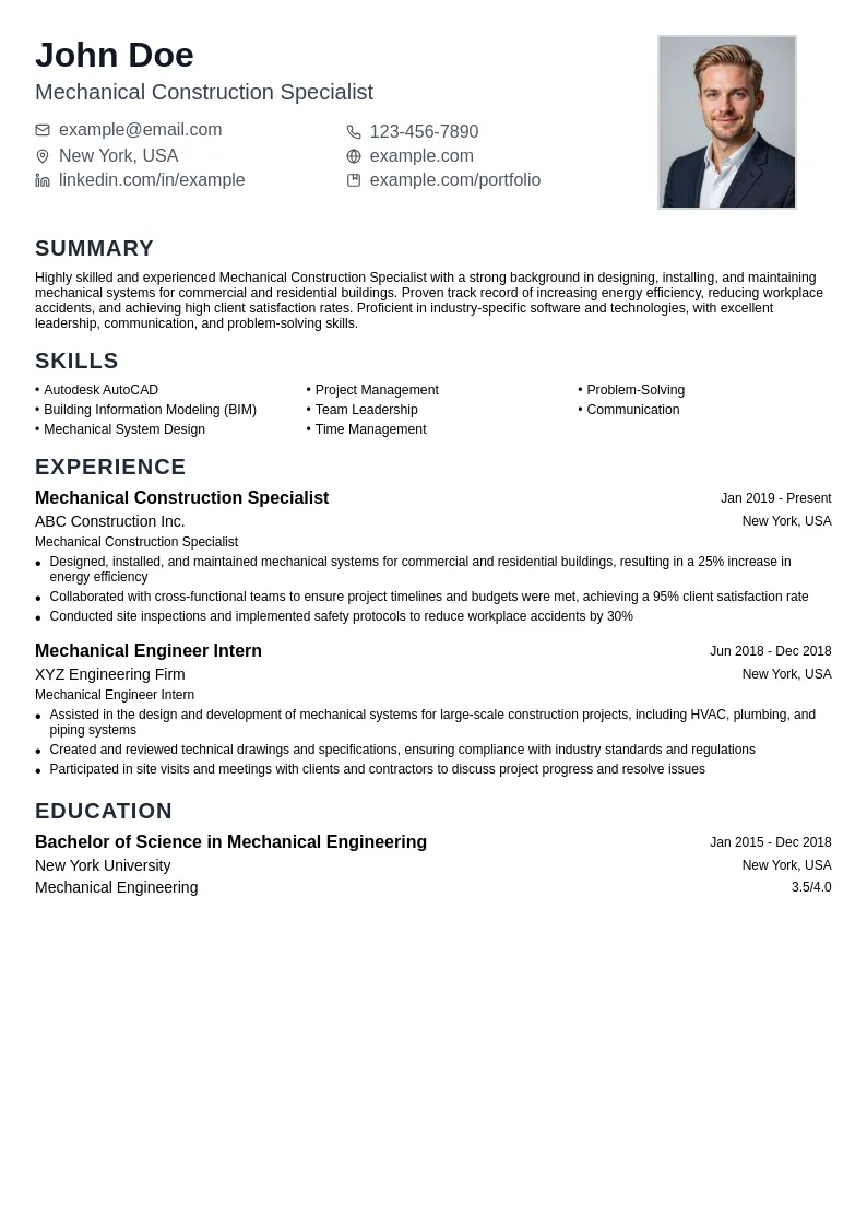Mechanical Construction Specialist resume example