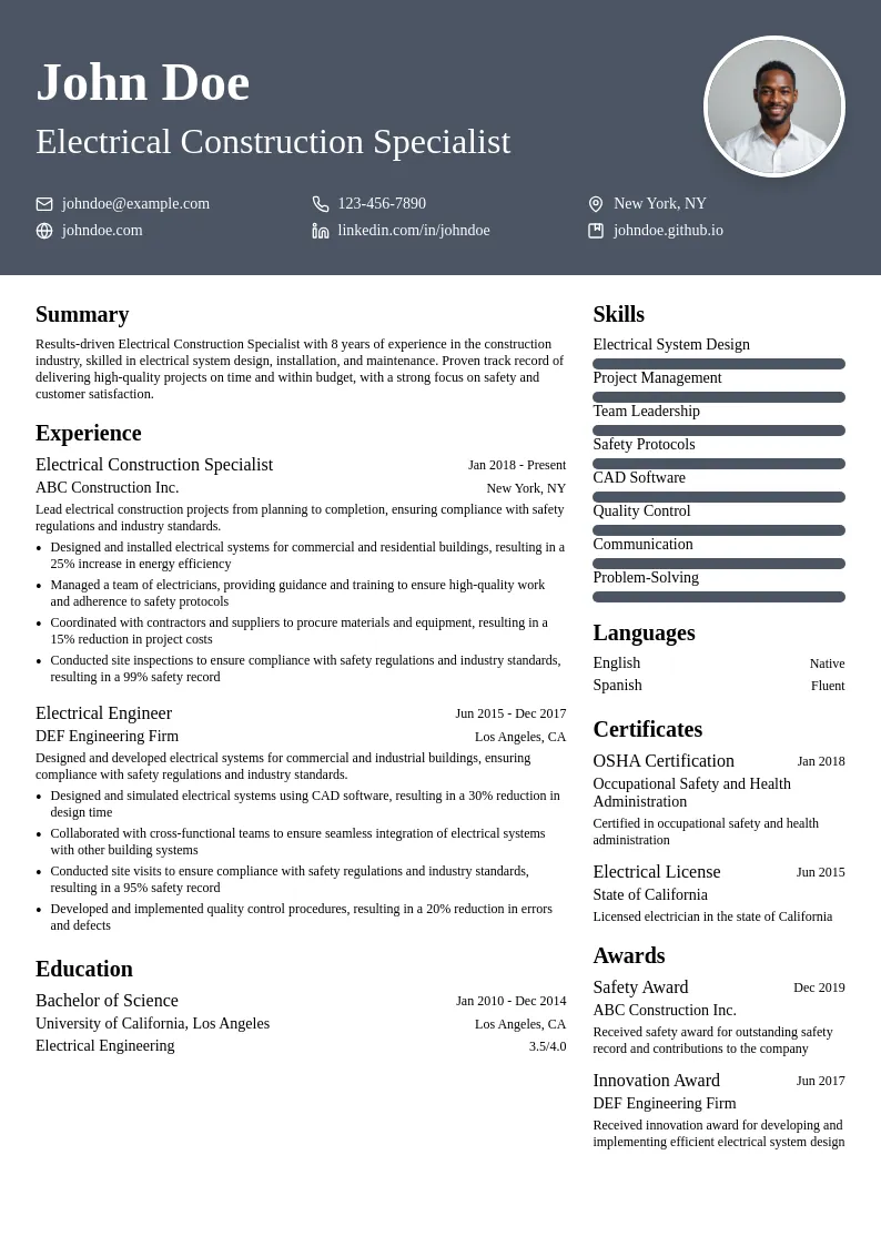 Electrical Construction Specialist resume example