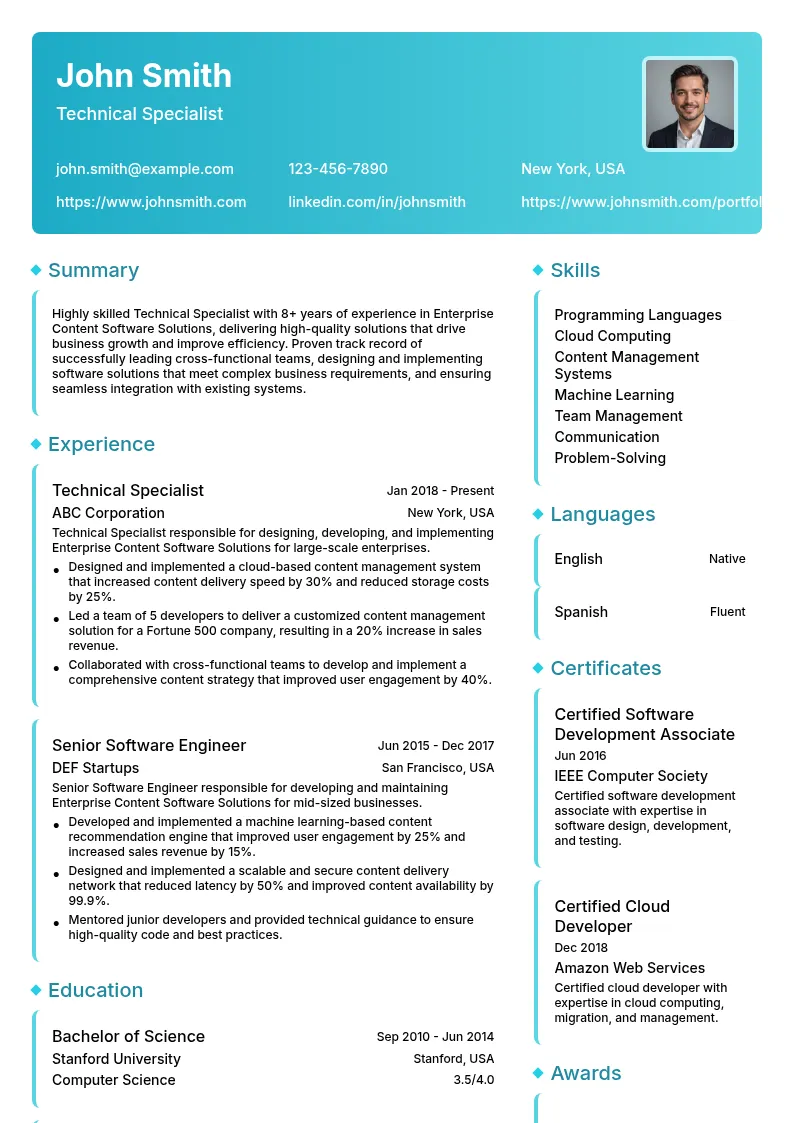 Technical Specialist in Enterprise Content Software Solution resume example