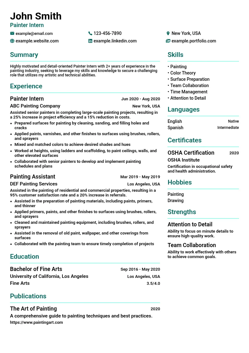Painter Intern resume example