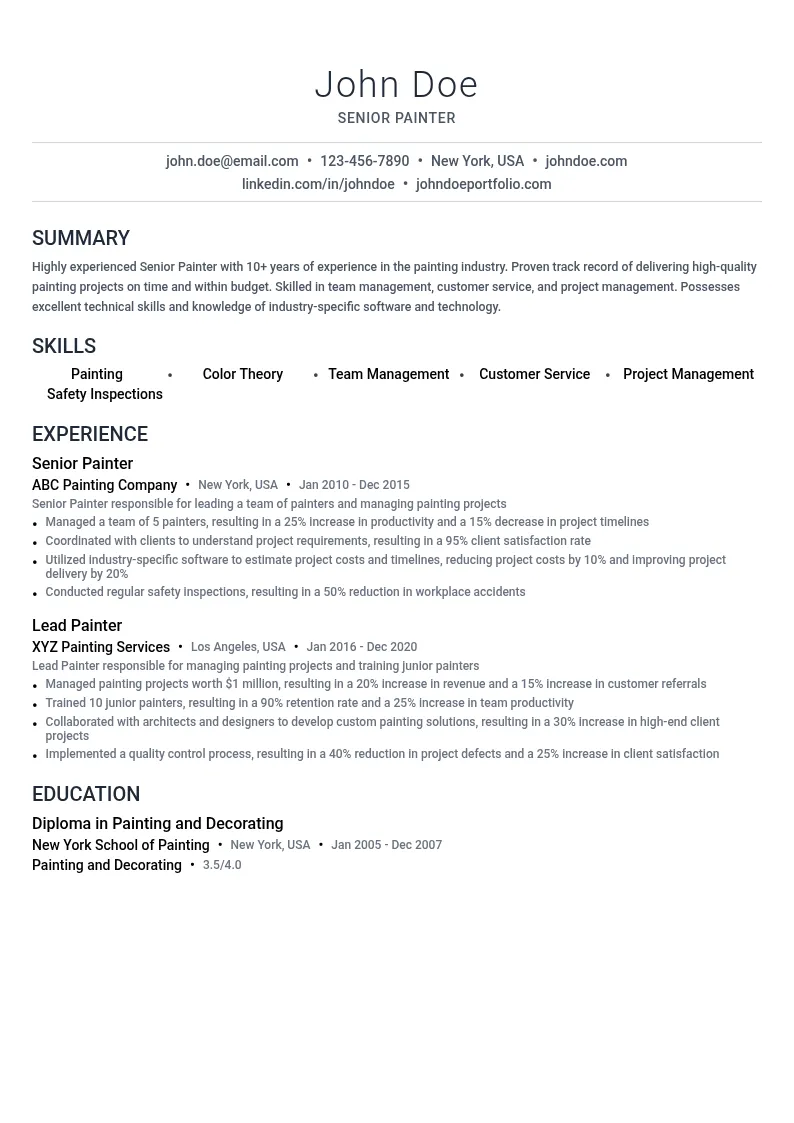 Senior Painter resume example