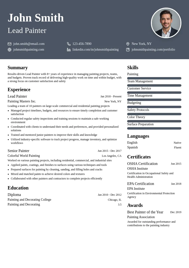 Lead Painter resume example