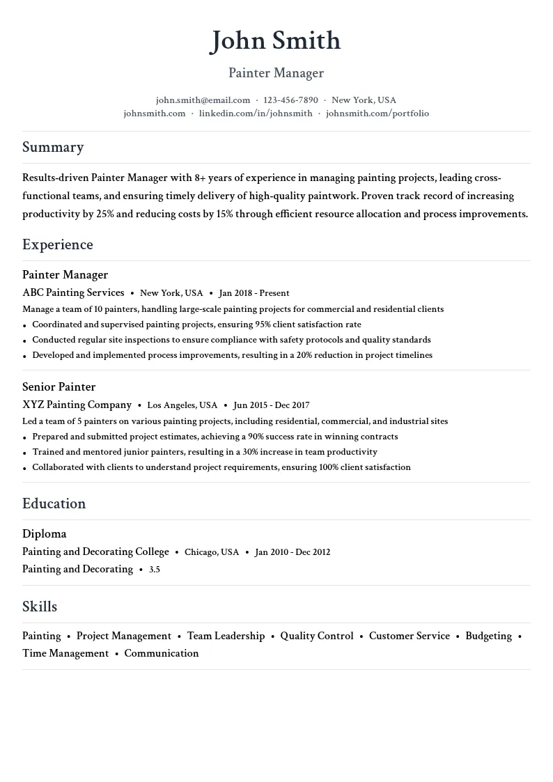Painter Manager resume example