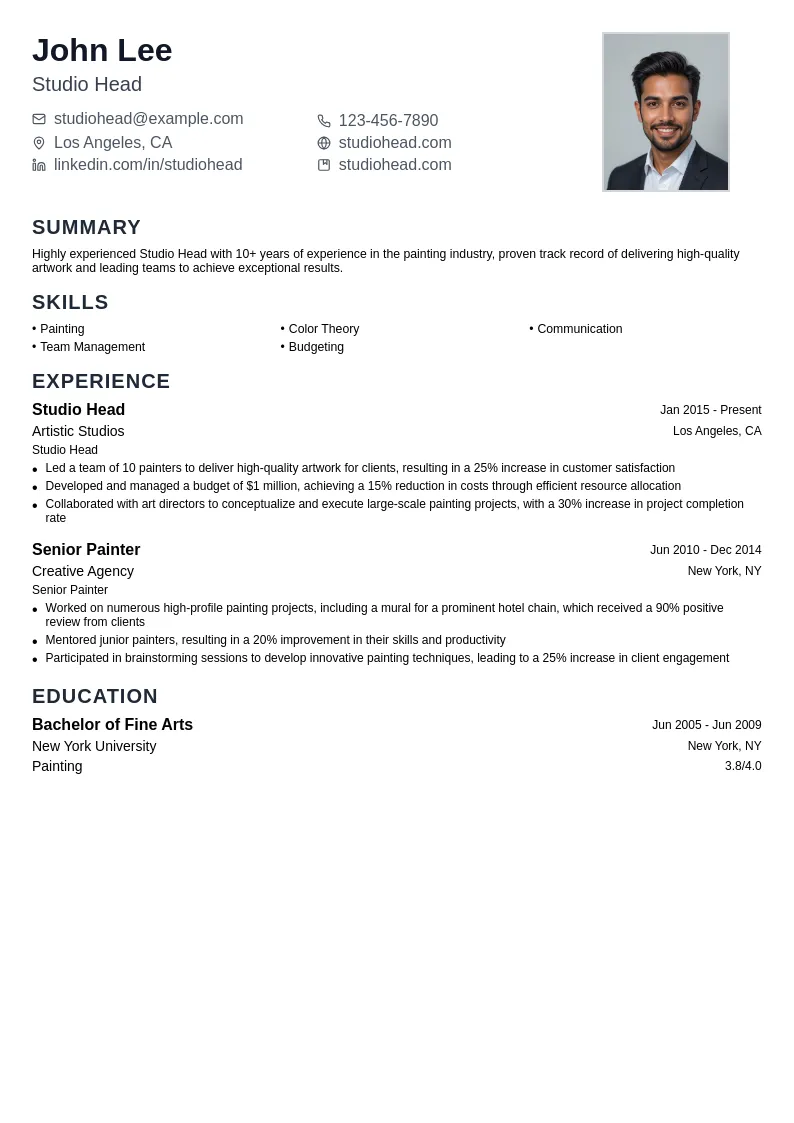 Studio Head resume example