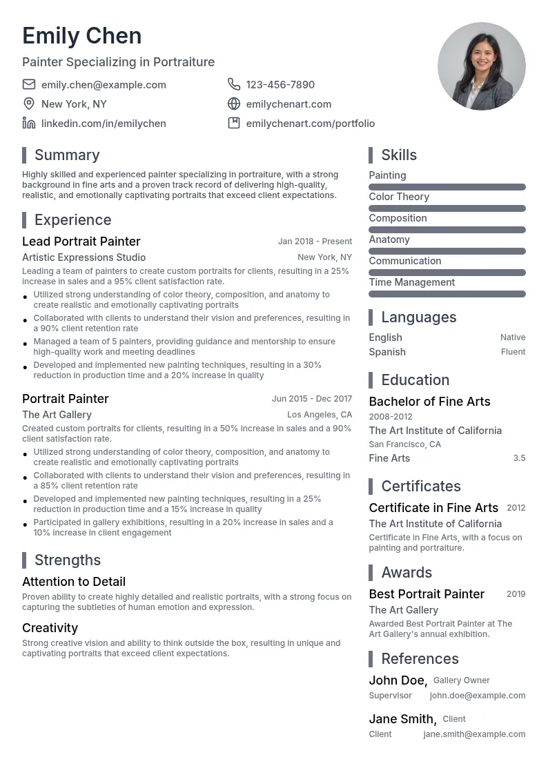 Painter Specializing in Portraiture resume example