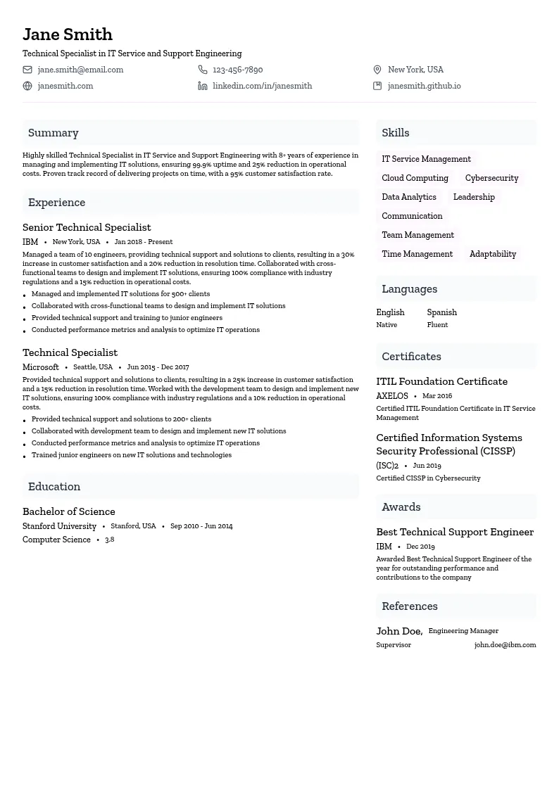 Technical Specialist in IT Service and Support Engineering resume example