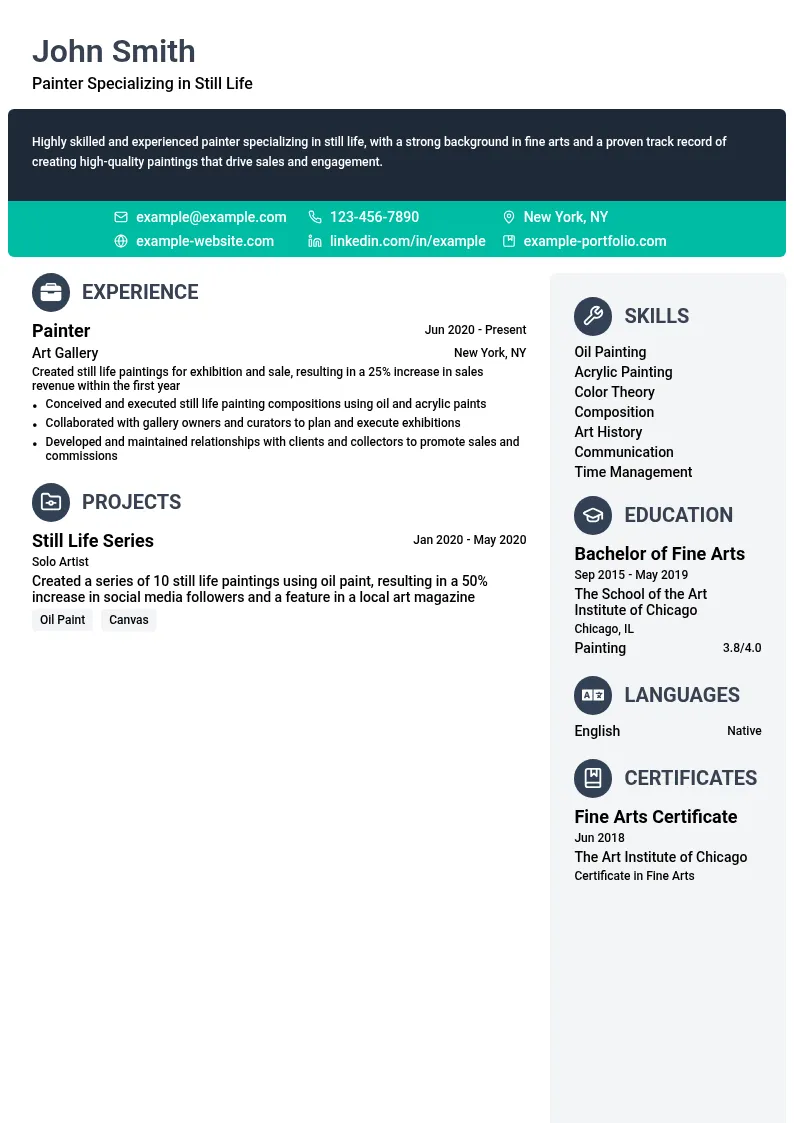 Painter Specializing in Still Life resume example