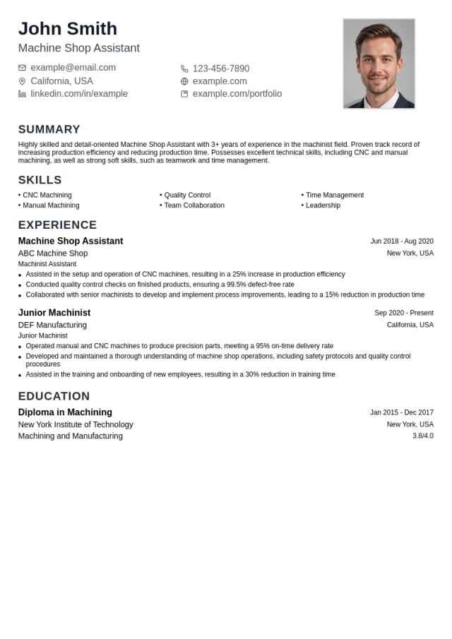 Machine Shop Assistant resume example