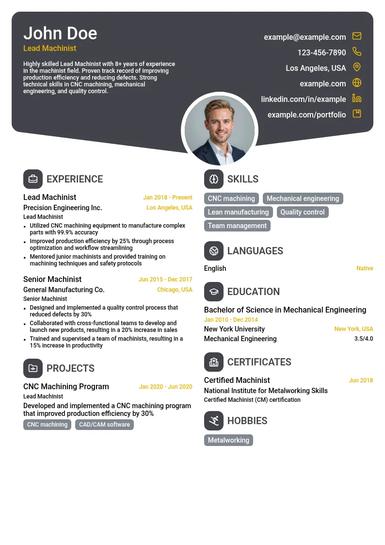Lead Machinist resume example