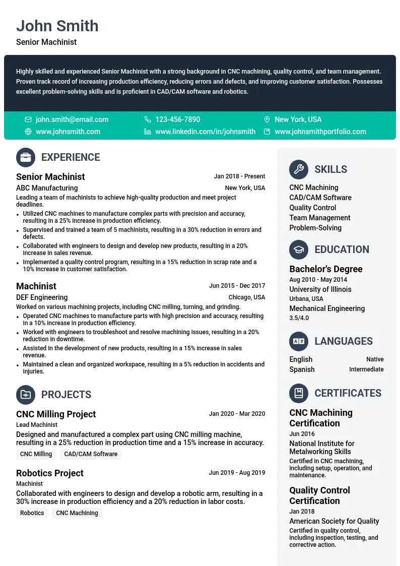 Senior Machinist resume example