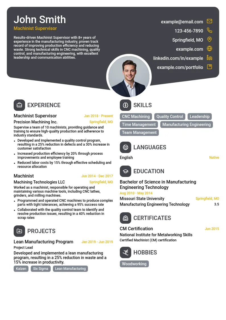 Machinist Supervisor resume example
