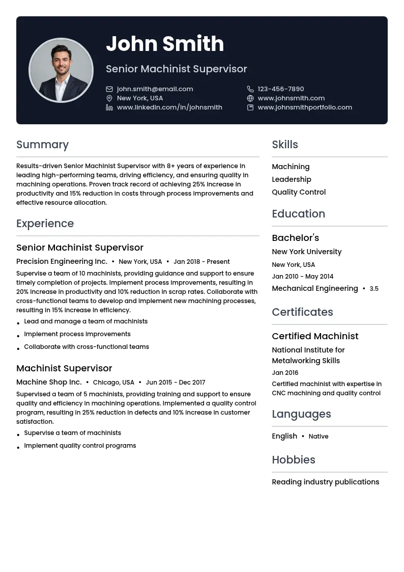 Senior Machinist Supervisor resume example