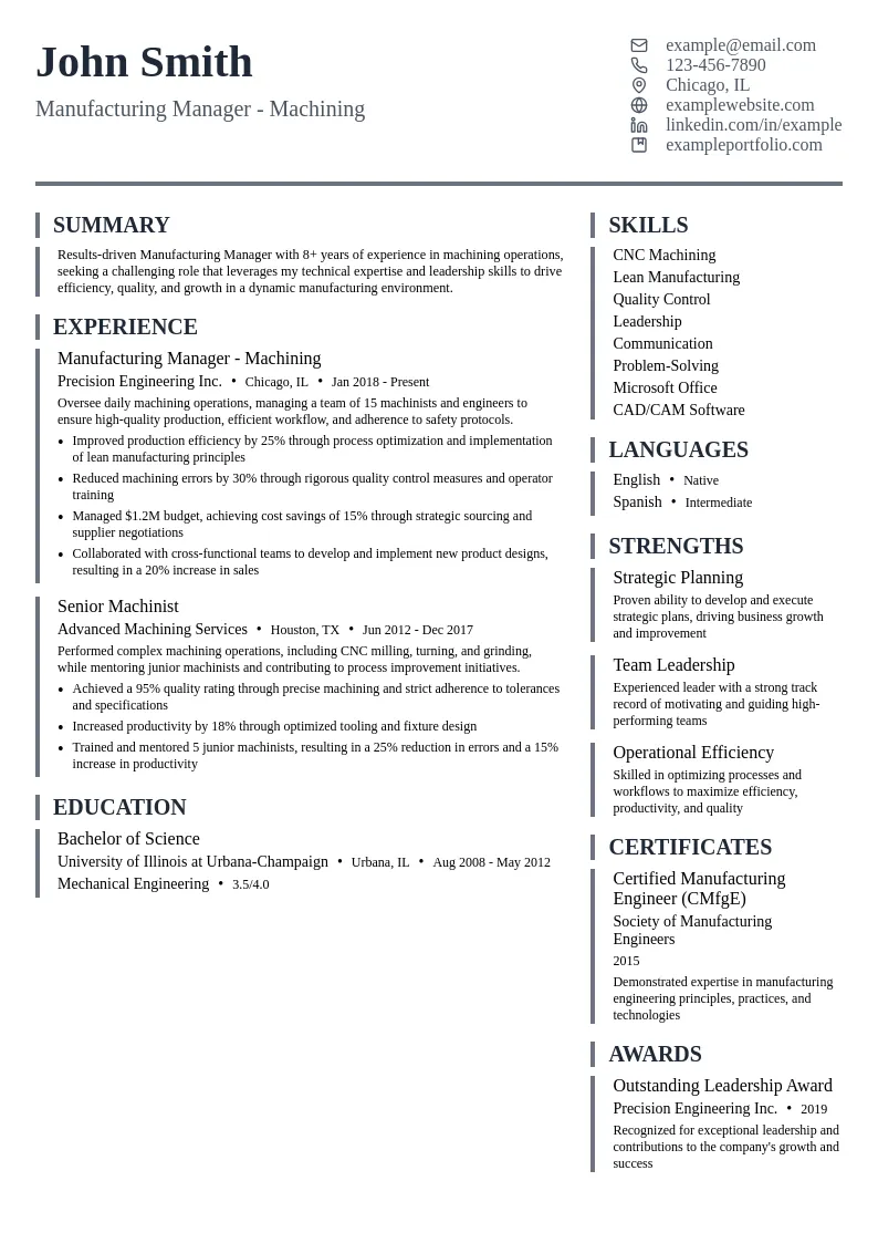 Manufacturing Manager - Machining resume example