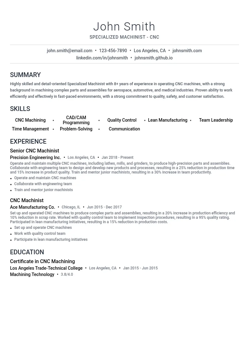 Specialized Machinist - CNC resume example