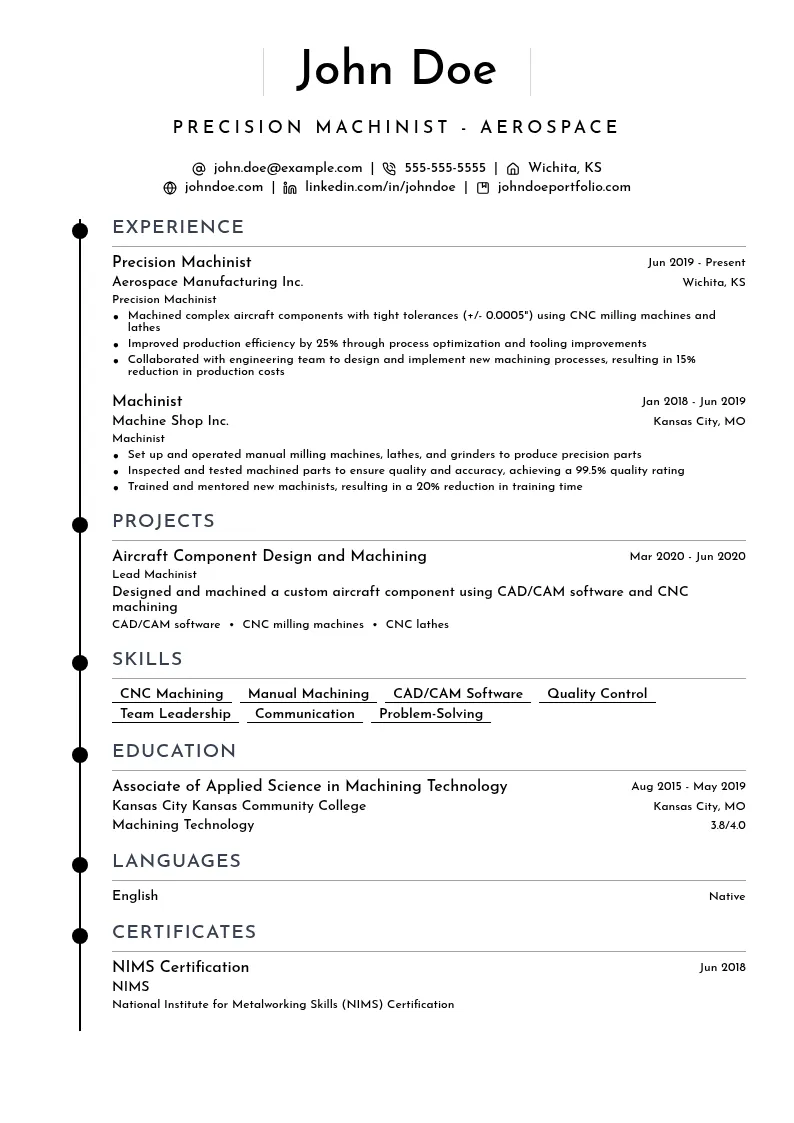 Precision Machinist - Aerospace resume example