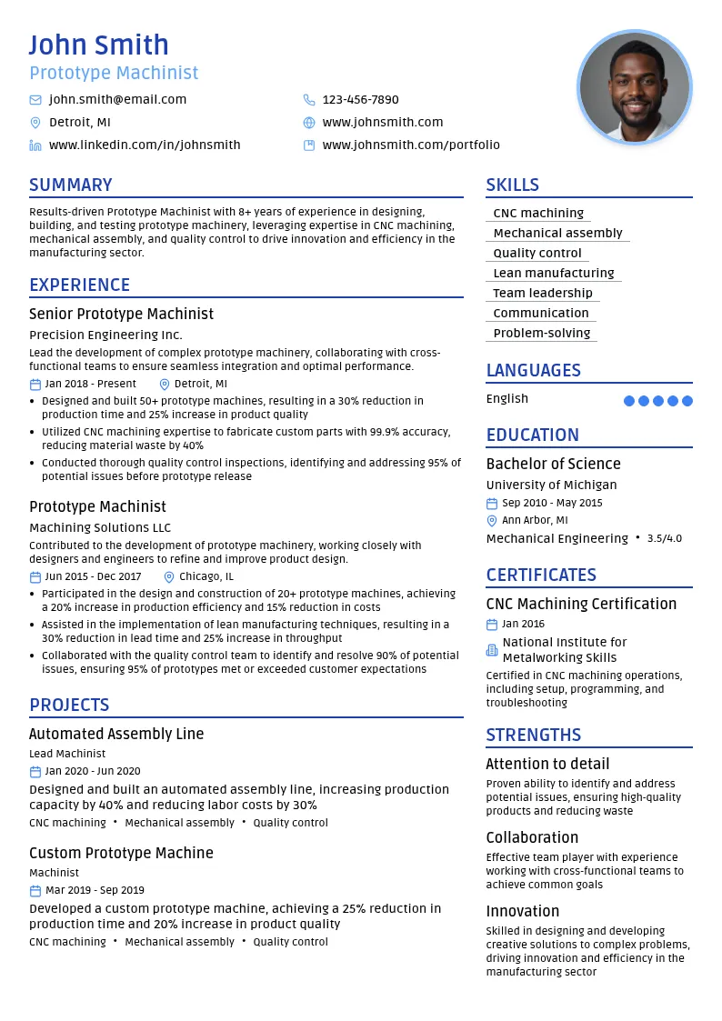 Prototype Machinist resume example