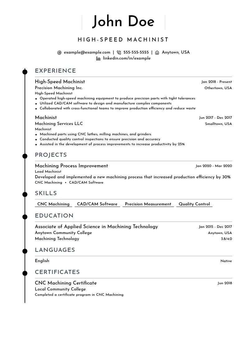 High-Speed Machinist resume example