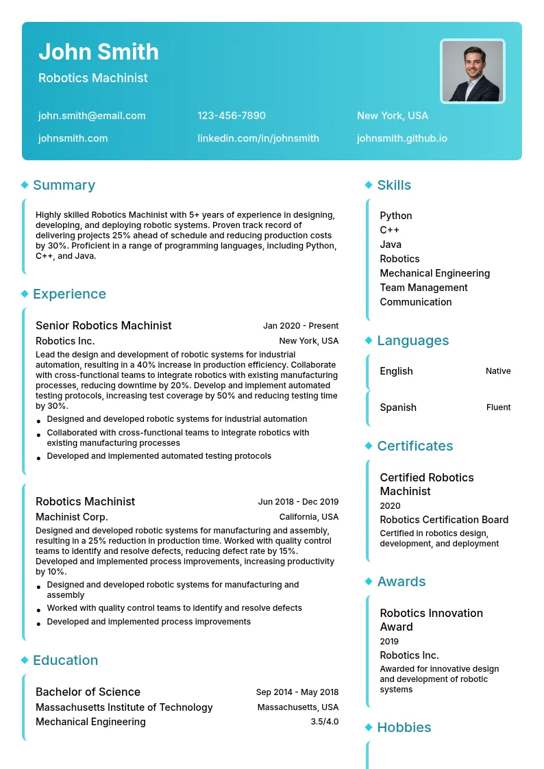 Robotics Machinist resume example