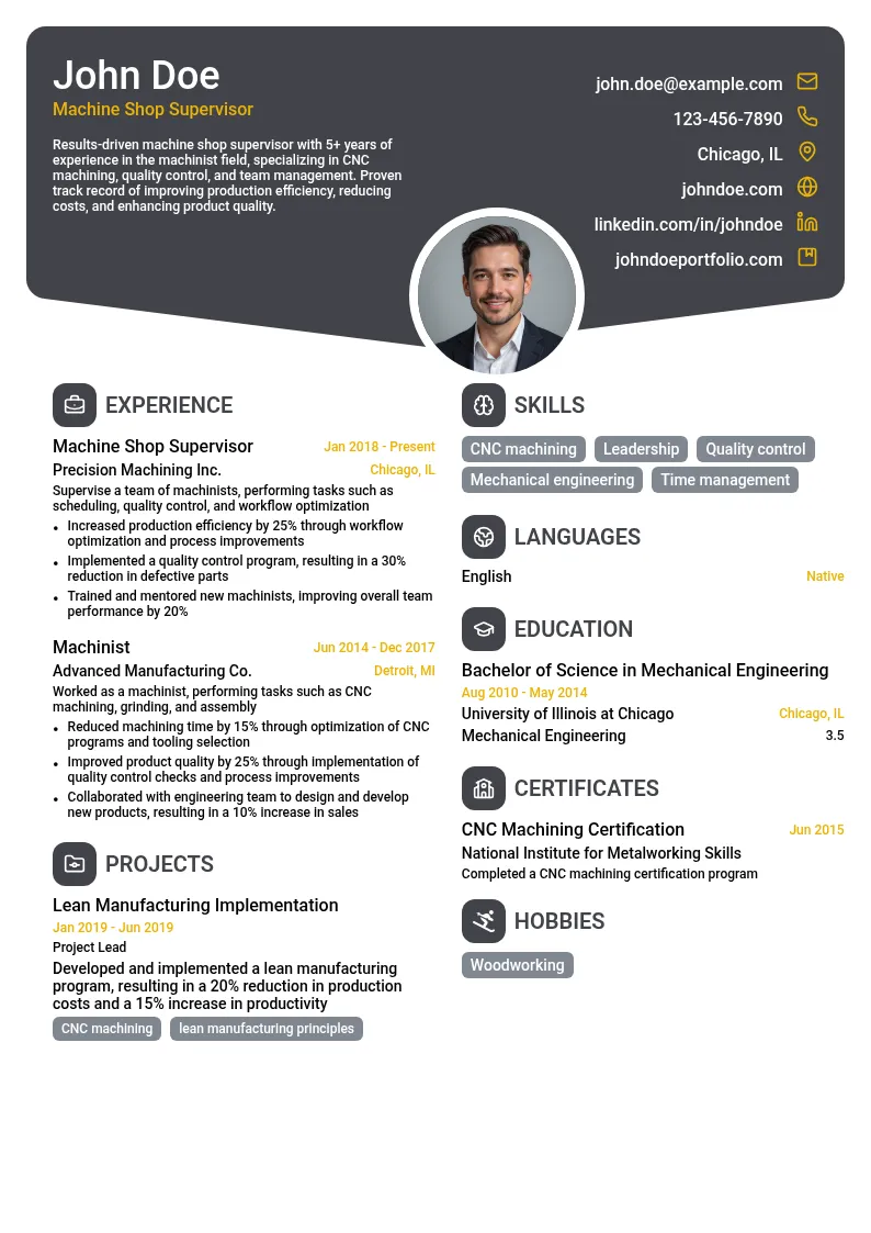 Machine Shop Supervisor resume example
