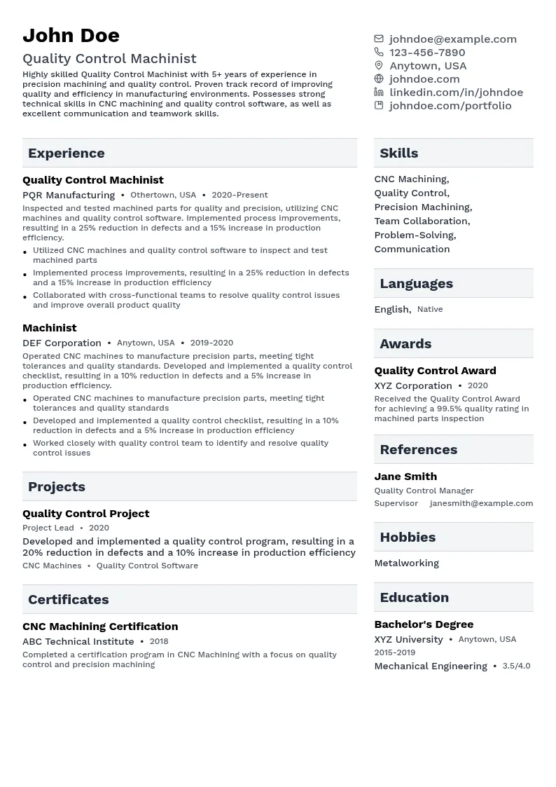Quality Control Machinist resume example