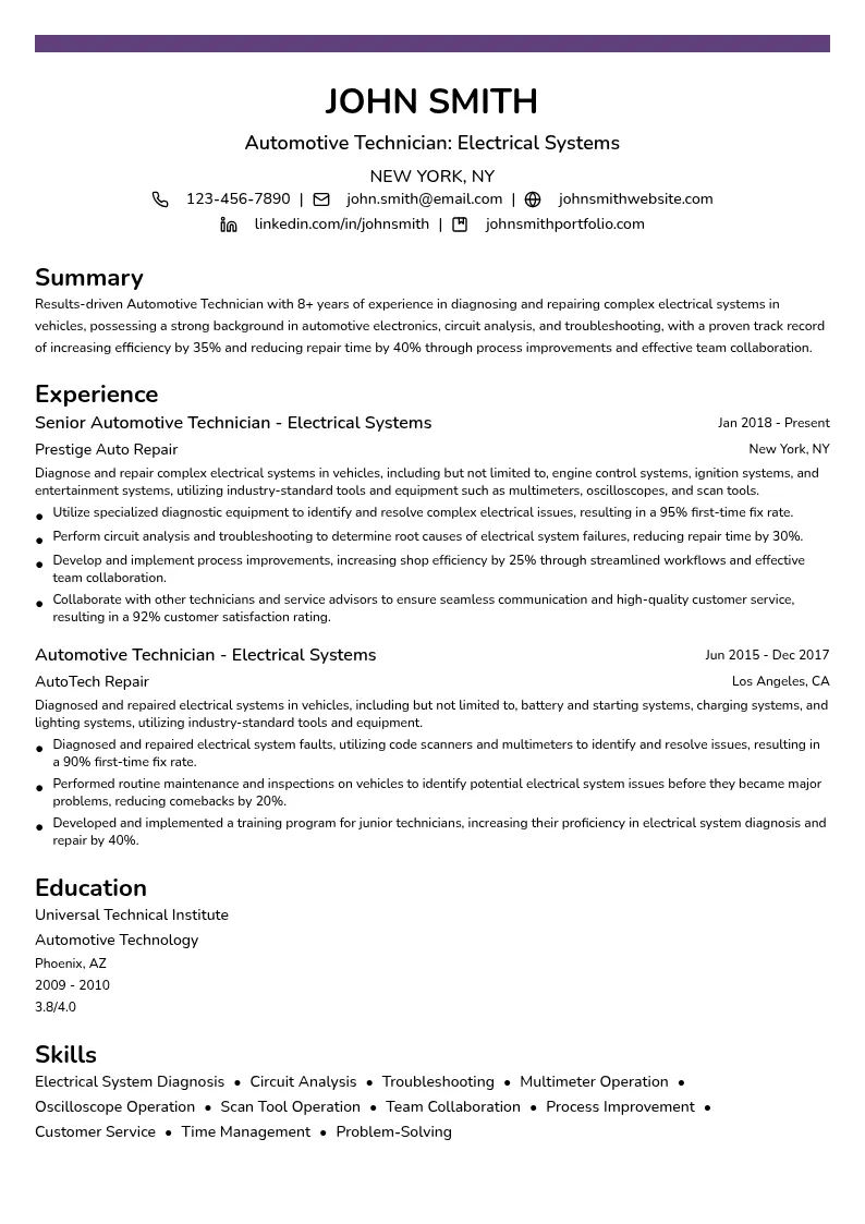 Automotive Technician: Electrical Systems resume example