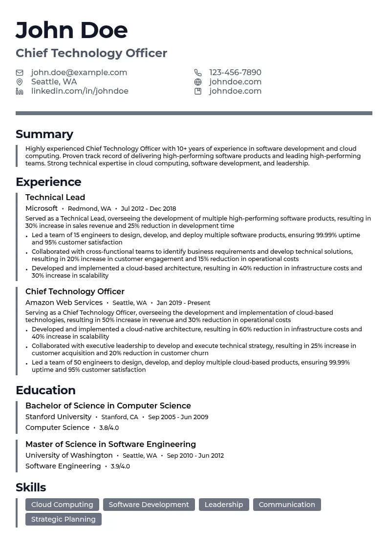 Chief Technology Officer (CTO) resume example