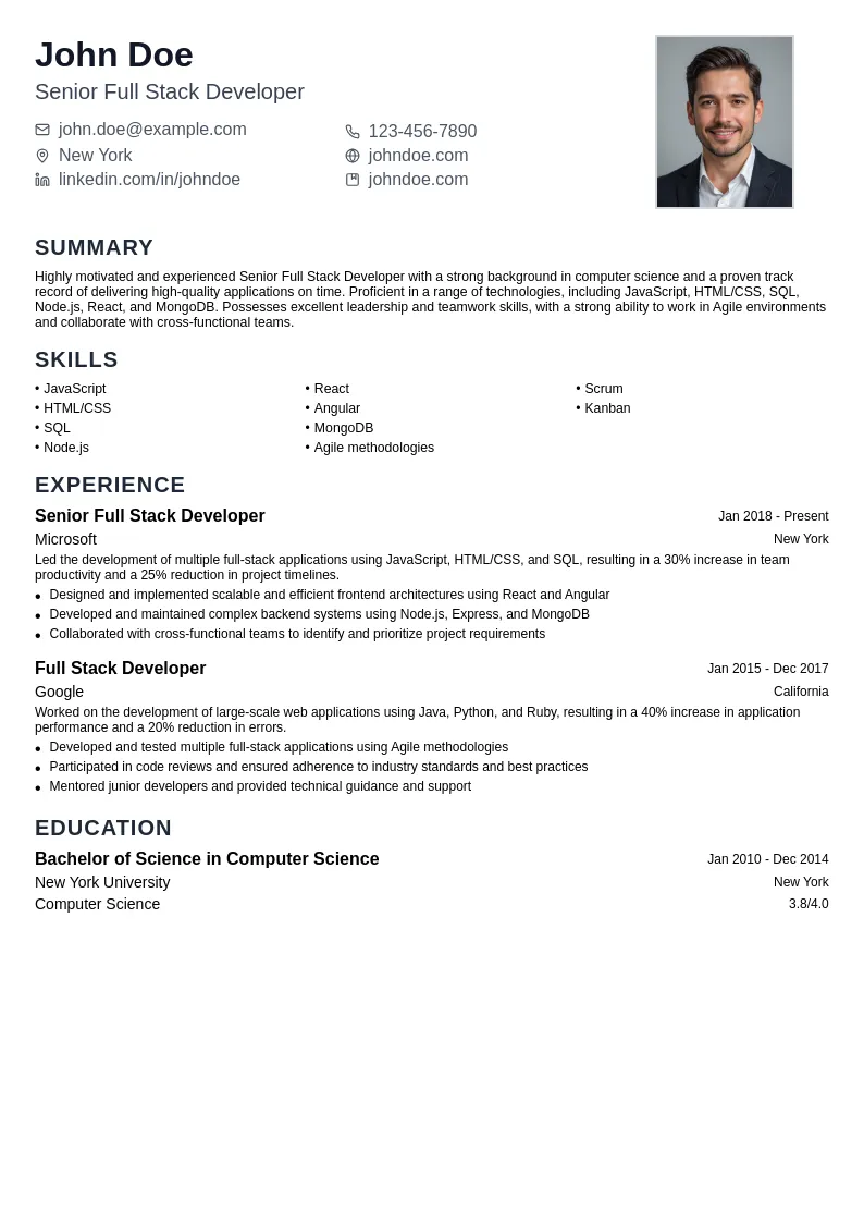 Senior Full Stack Developer resume example